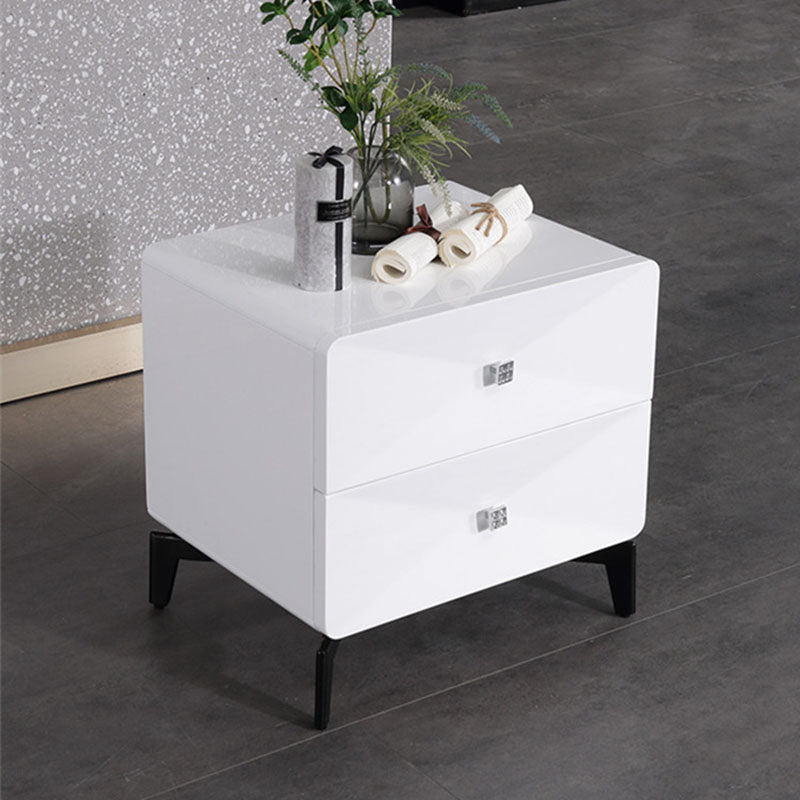 Bright White Modern Minimalist Bedside Table - Unique Design Sturdy Iron Legs Nightstand 2-Drawer For Bedroom Lumendat