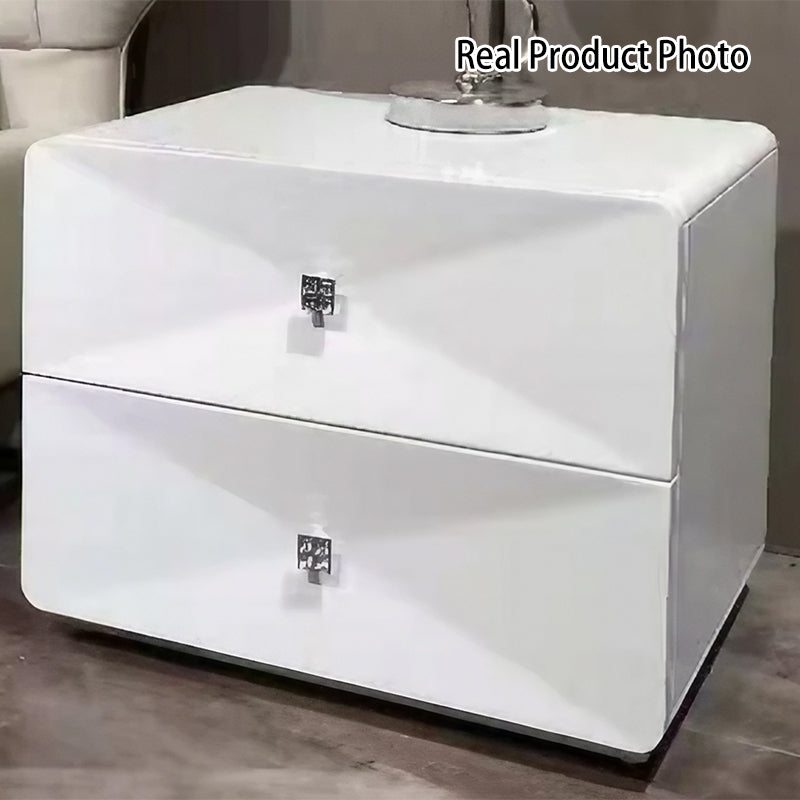 Bright White Modern Minimalist Bedside Table - Unique Design Sturdy Iron Legs Nightstand 2-Drawer For Bedroom Lumendat