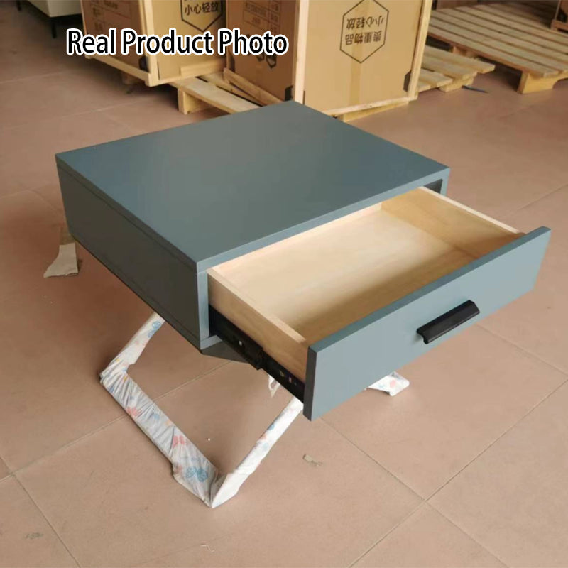 Blue-Black Industrial Nightstand - Heavy-Duty Triangular Iron Legs Bedside Table 1-Drawer For Bedroom Lumendat