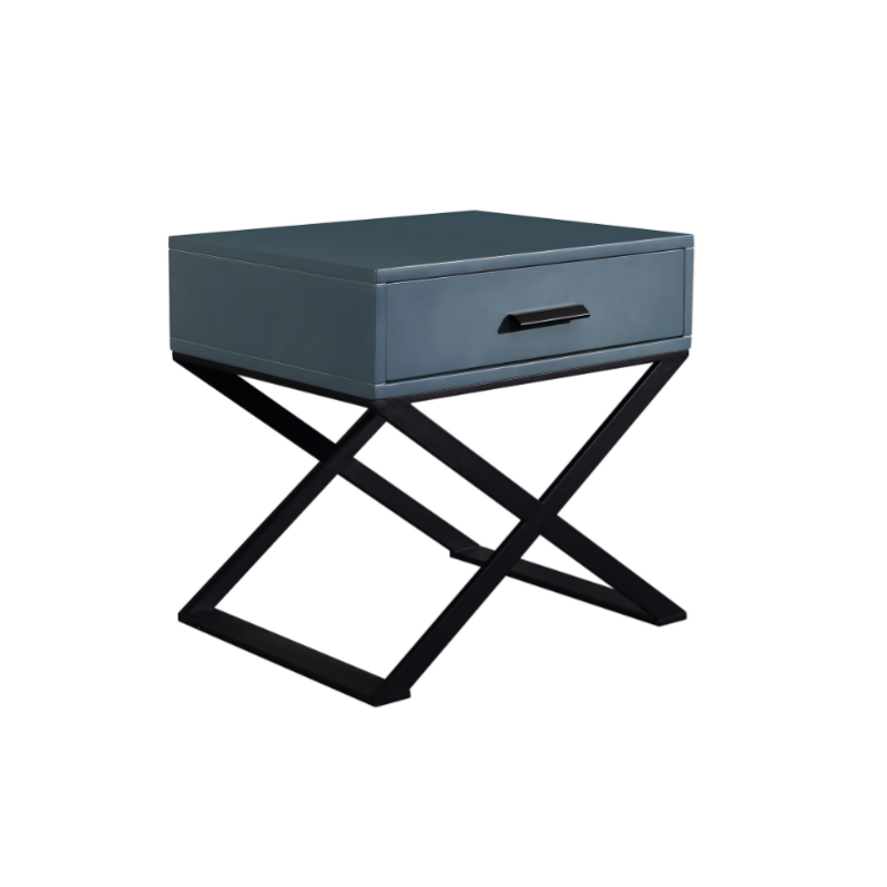 Blue-Black Industrial Nightstand - Heavy-Duty Triangular Iron Legs Bedside Table 1-Drawer For Bedroom Lumendat