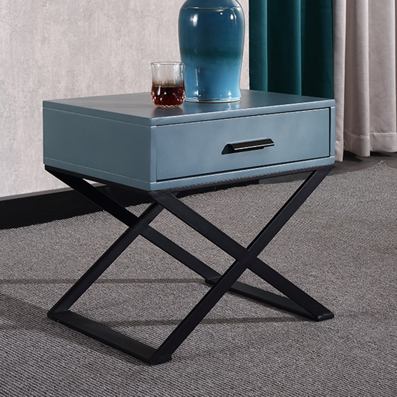 Blue-Black Industrial Nightstand - Heavy-Duty Triangular Iron Legs Bedside Table 1-Drawer For Bedroom Lumendat
