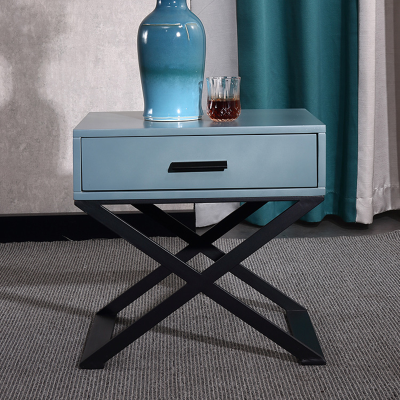 Blue-Black Industrial Nightstand - Heavy-Duty Triangular Iron Legs Bedside Table 1-Drawer For Bedroom Lumendat