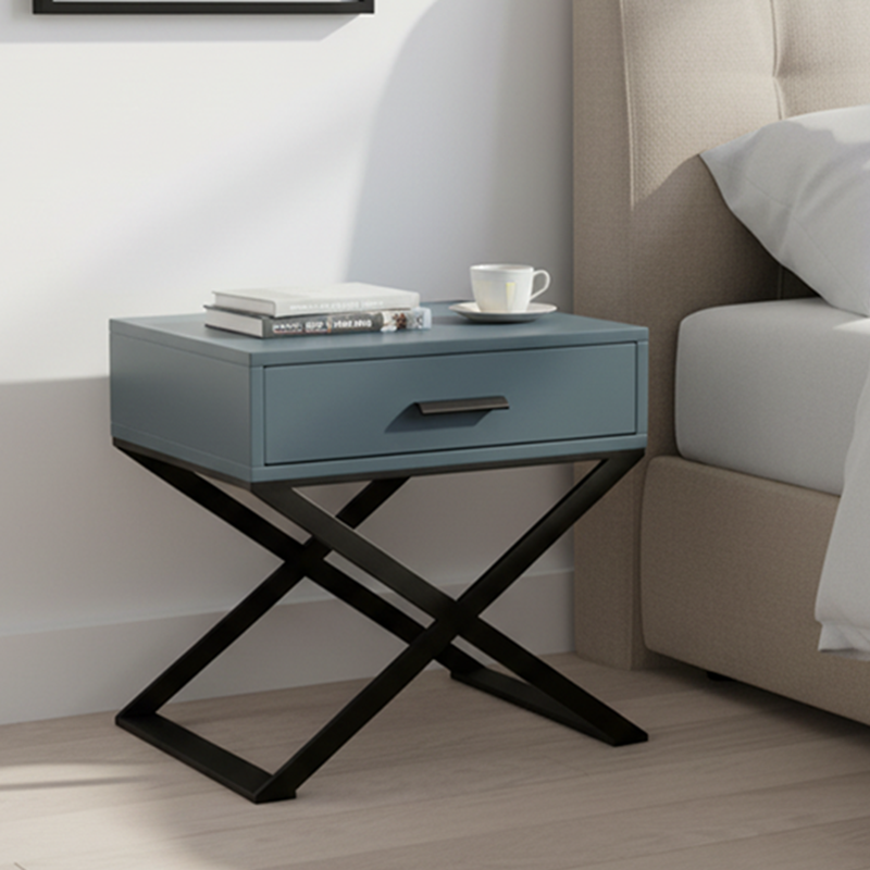 Blue-Black Industrial Nightstand - Heavy-Duty Triangular Iron Legs Bedside Table 1-Drawer For Bedroom Lumendat