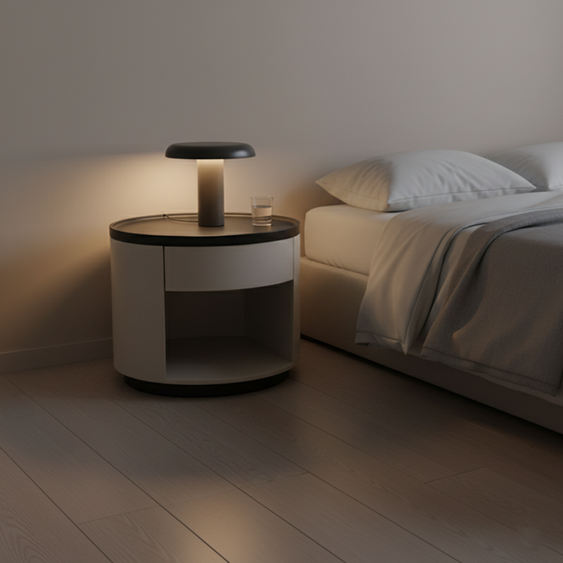 Sleek Handleless Bedside Table - Press-to-Open Rebound Rail & Premium Baked Paint Nightstand 1- Drawer For Bedroom Lumendat