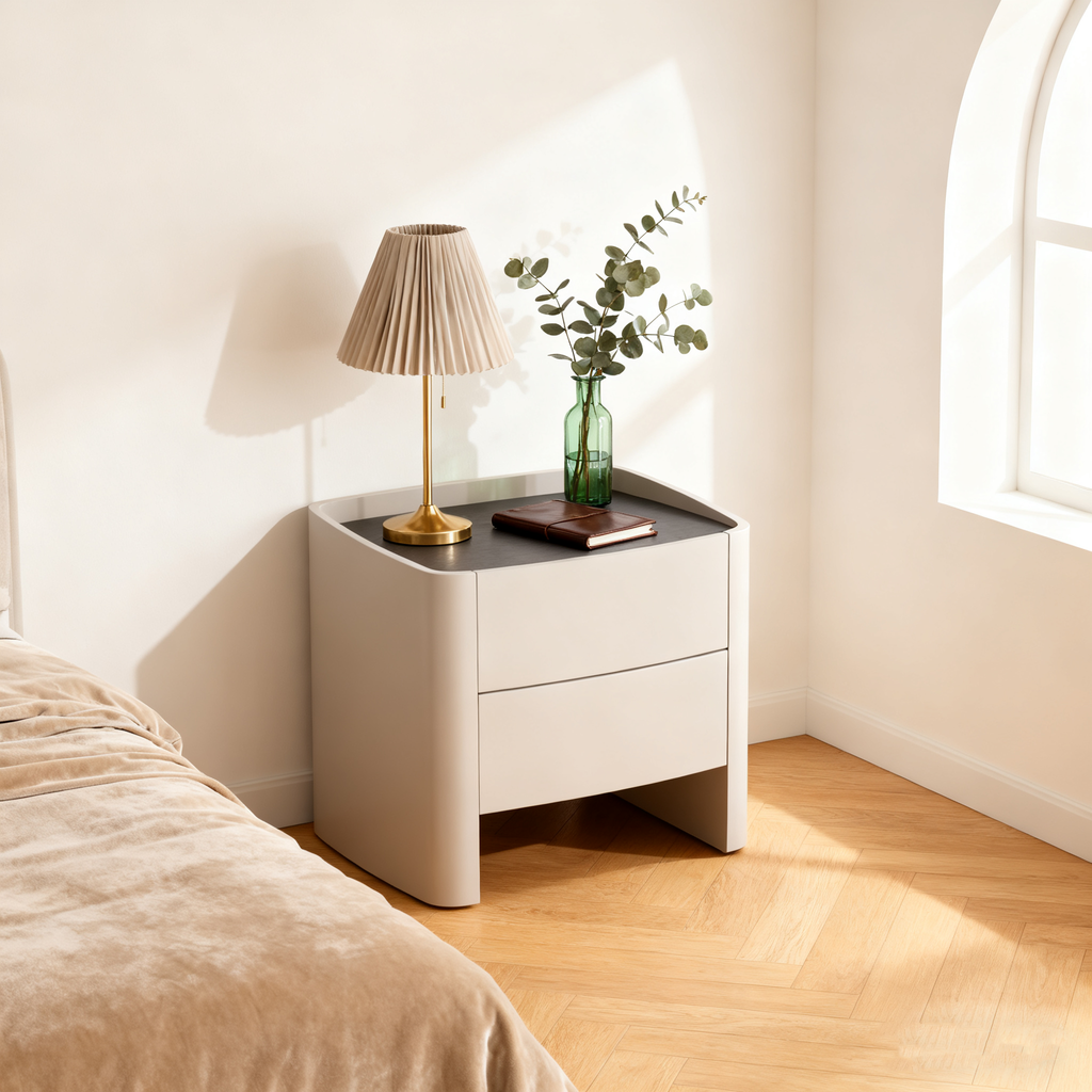 Timeless French Elegance Faux Leather Nightstand - Premium Dual Materials & Silky-Smooth Large 2-Drawer Bedside Table For Bedroom Lumendat