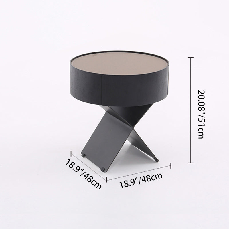 Contemporary Industrial Round Nightstand - Saddle Leather Finish Bedside Table 1-Drawer For Bedroom Lumendat