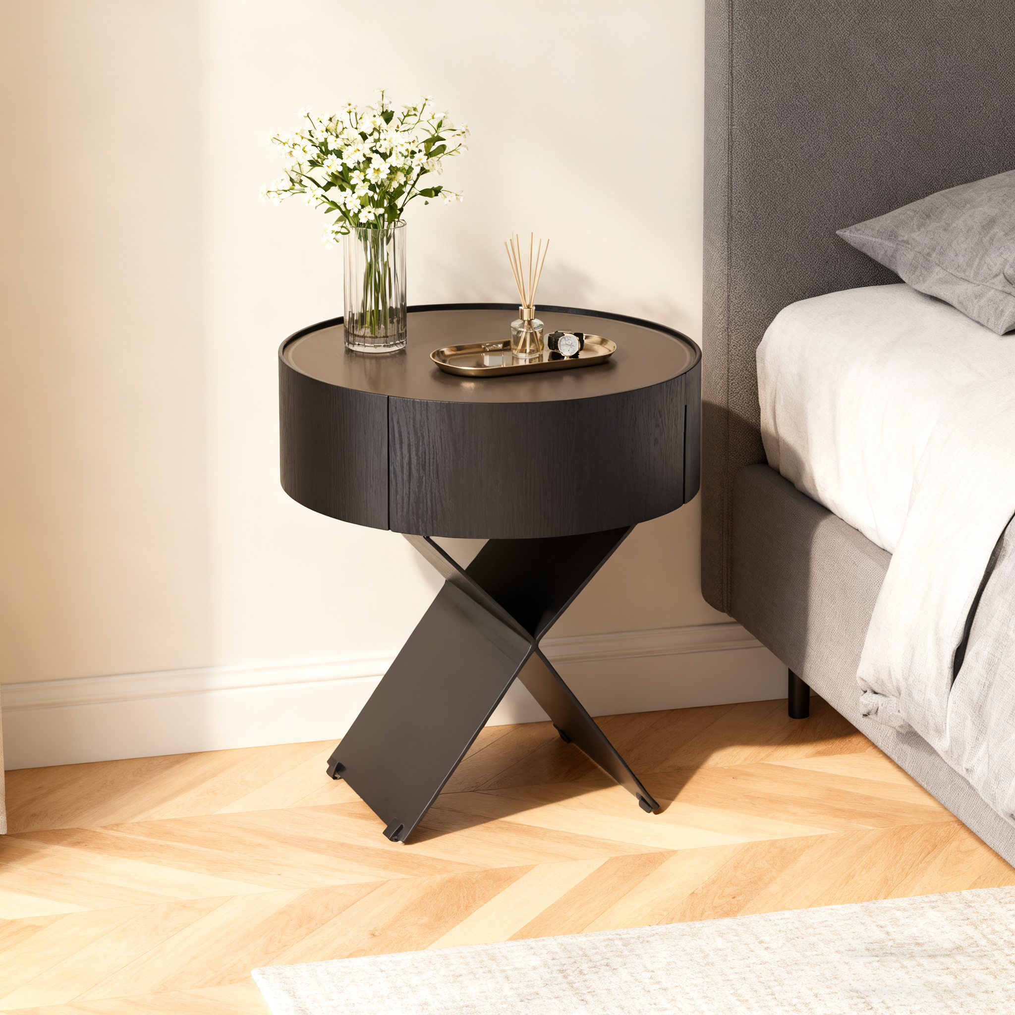 Contemporary Industrial Round Nightstand - Saddle Leather Finish Bedside Table 1-Drawer For Bedroom Lumendat