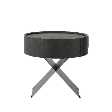 Contemporary Industrial Round Nightstand - Saddle Leather Finish Bedside Table 1-Drawer For Bedroom Lumendat