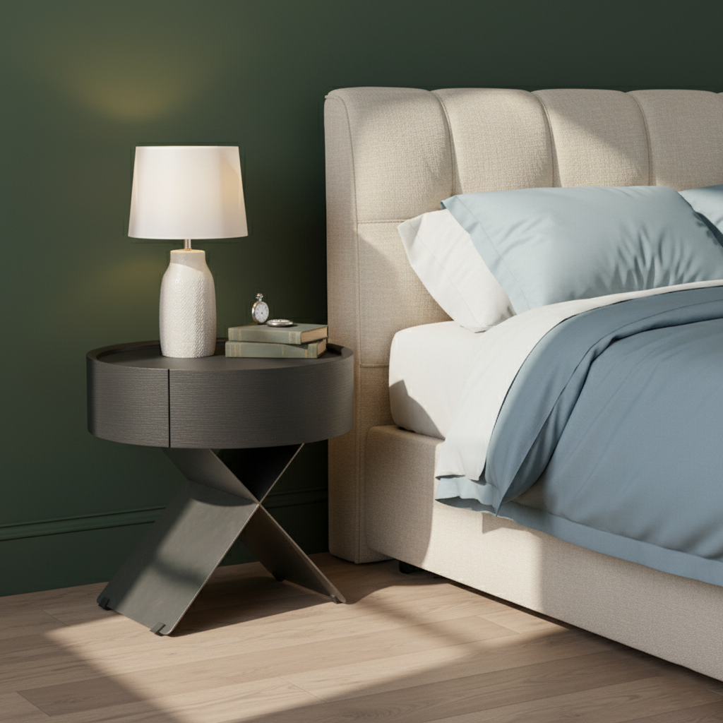 Contemporary Industrial Round Nightstand - Saddle Leather Finish Bedside Table 1-Drawer For Bedroom Lumendat