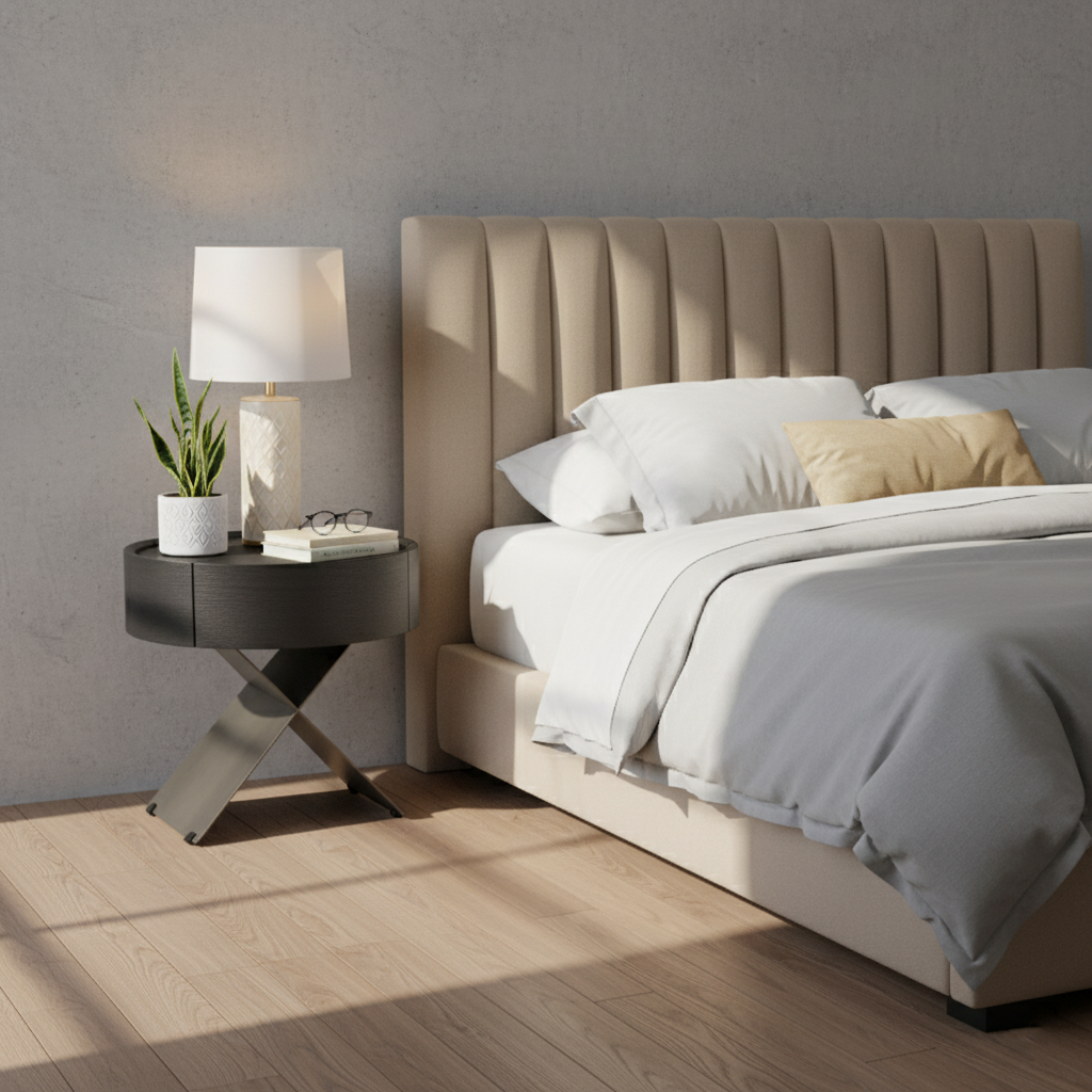 Contemporary Industrial Round Nightstand - Saddle Leather Finish Bedside Table 1-Drawer For Bedroom Lumendat