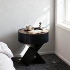 Contemporary Industrial Round Nightstand - Saddle Leather Finish Bedside Table 1-Drawer For Bedroom Lumendat