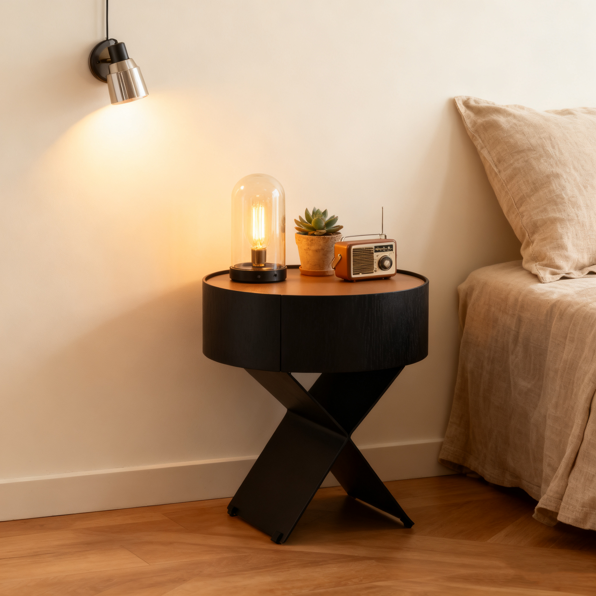 Contemporary Industrial Round Nightstand - Saddle Leather Finish Bedside Table 1-Drawer For Bedroom Lumendat