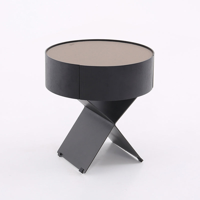 Contemporary Industrial Round Nightstand - Saddle Leather Finish Bedside Table 1-Drawer For Bedroom Lumendat