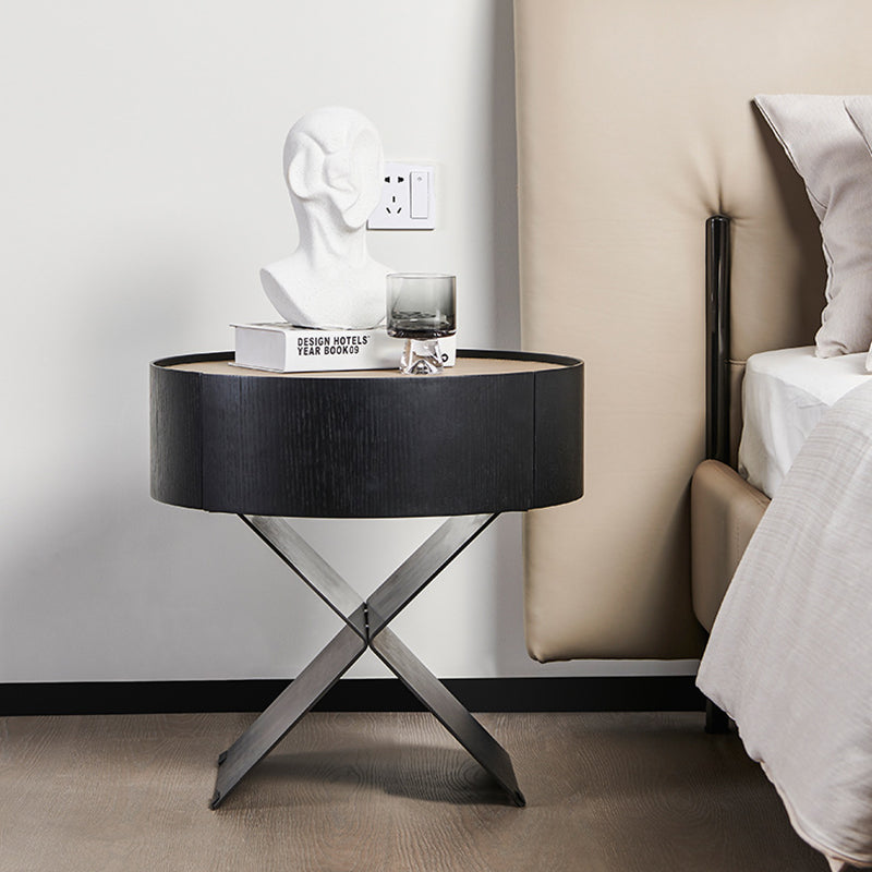 Contemporary Industrial Round Nightstand - Saddle Leather Finish Bedside Table 1-Drawer For Bedroom Lumendat