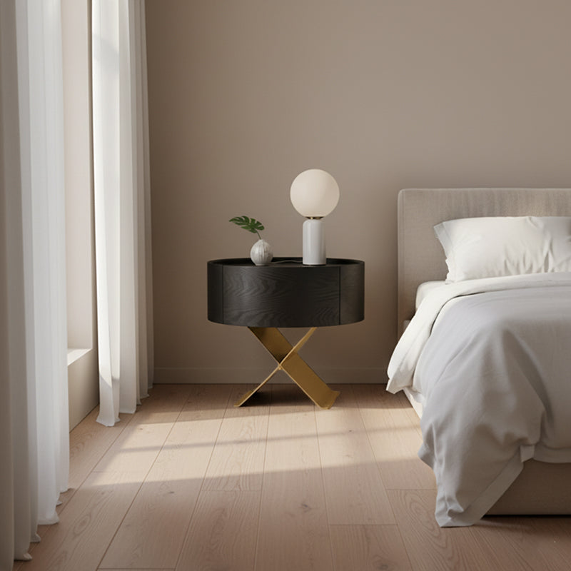 Industrial Smoked Wood Nightstand - Solid Wood Board & Smooth Circular 1-Drawer Bedside Table For Bedroom Lumendat