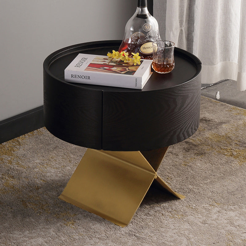Industrial Smoked Wood Nightstand - Solid Wood Board & Smooth Circular 1-Drawer Bedside Table For Bedroom Lumendat