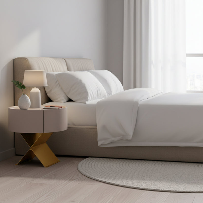 Industrial Smoked Wood Nightstand - Solid Wood Board & Smooth Circular 1-Drawer Bedside Table For Bedroom Lumendat