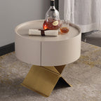 Industrial Smoked Wood Nightstand - Solid Wood Board & Smooth Circular 1-Drawer Bedside Table For Bedroom Lumendat