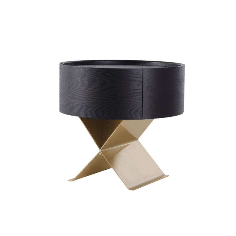 Industrial Smoked Wood Nightstand - Solid Wood Board & Smooth Circular 1-Drawer Bedside Table For Bedroom Lumendat