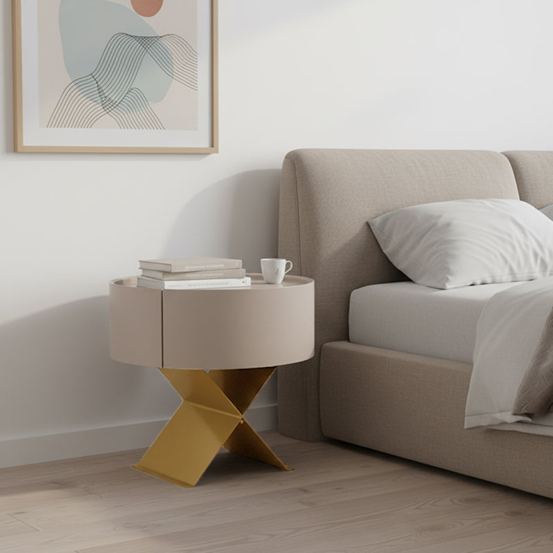 Industrial Smoked Wood Nightstand - Solid Wood Board & Smooth Circular 1-Drawer Bedside Table For Bedroom Lumendat