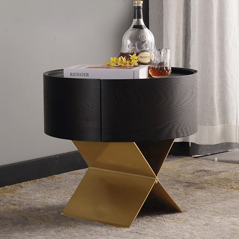 Industrial Smoked Wood Nightstand - Solid Wood Board & Smooth Circular 1-Drawer Bedside Table For Bedroom Lumendat