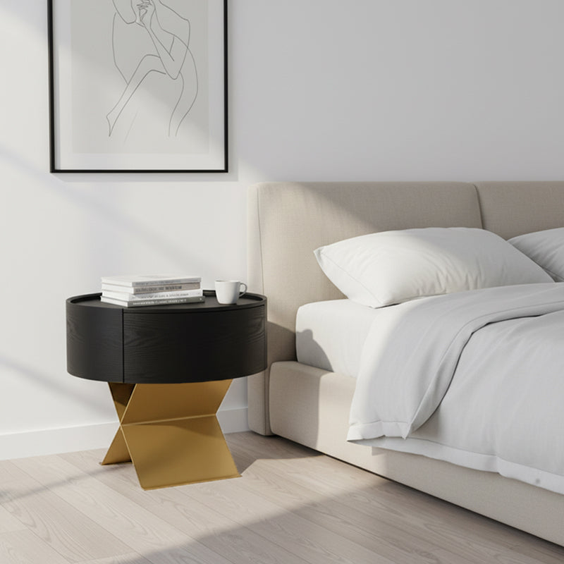 Industrial Smoked Wood Nightstand - Solid Wood Board & Smooth Circular 1-Drawer Bedside Table For Bedroom Lumendat