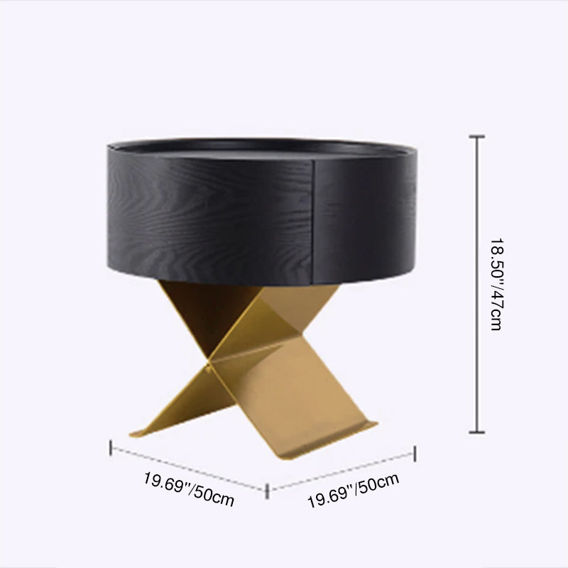 Industrial Smoked Wood Nightstand - Solid Wood Board & Smooth Circular 1-Drawer Bedside Table For Bedroom Lumendat