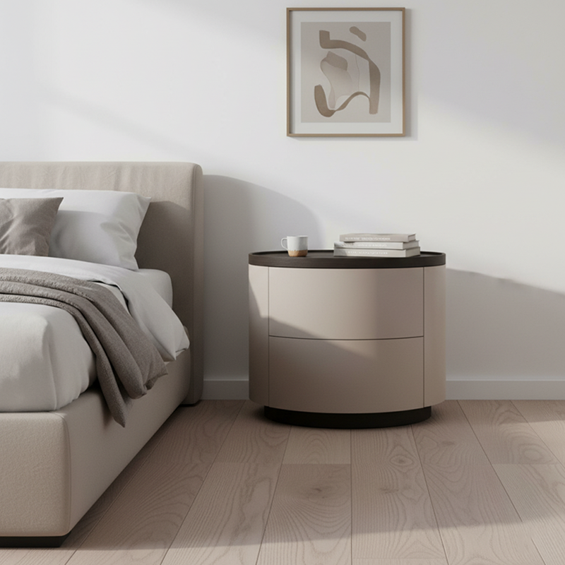 Durable Dual-Material Nightstand - Minimalist Rounded Shape & Organized Storage Bedside Table 2-Drawer For Bedroom Lumendat