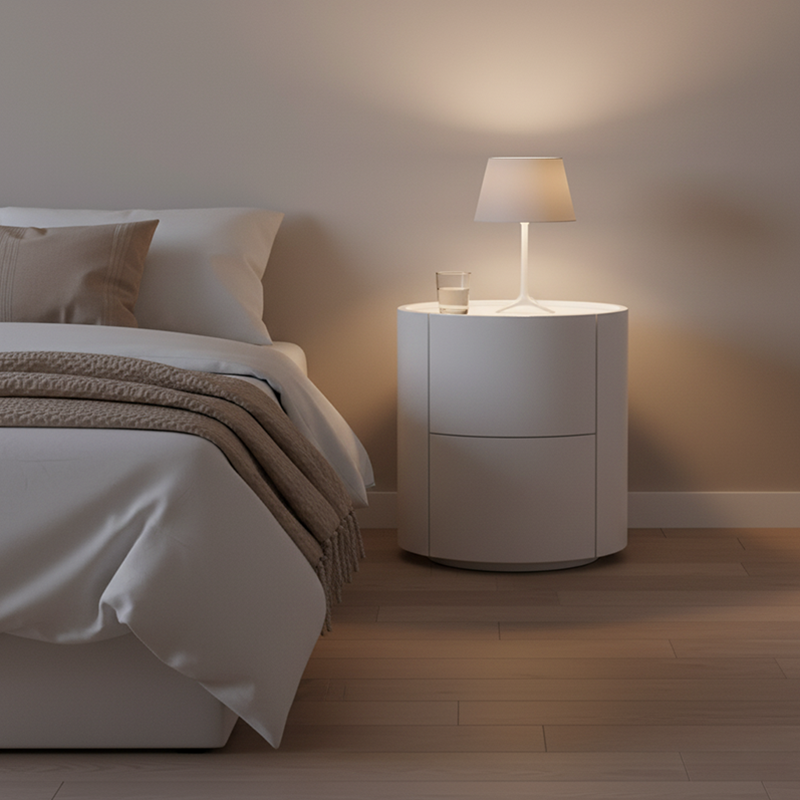 Nordic Rounded Cabinet Nightstand - Sturdy Build & Minimalist Soft Texture Bedside Table 2-Drawer For Bedroom Lumendat
