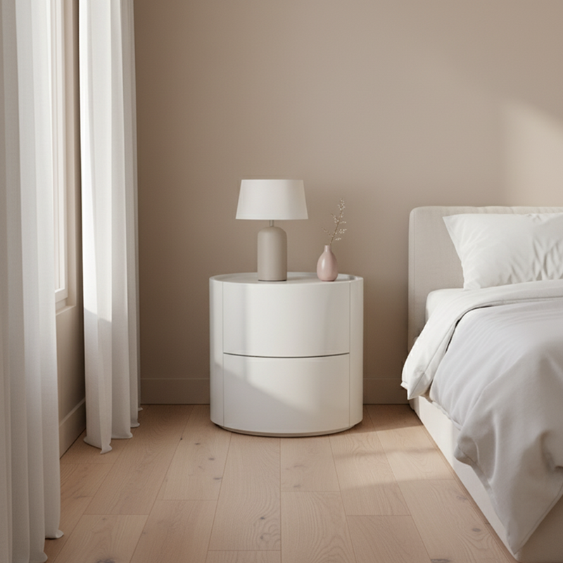Nordic Rounded Cabinet Nightstand - Sturdy Build & Minimalist Soft Texture Bedside Table 2-Drawer For Bedroom Lumendat