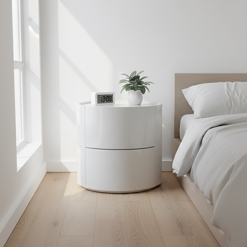 Nordic Rounded Cabinet Nightstand - Sturdy Build & Minimalist Soft Texture Bedside Table 2-Drawer For Bedroom Lumendat