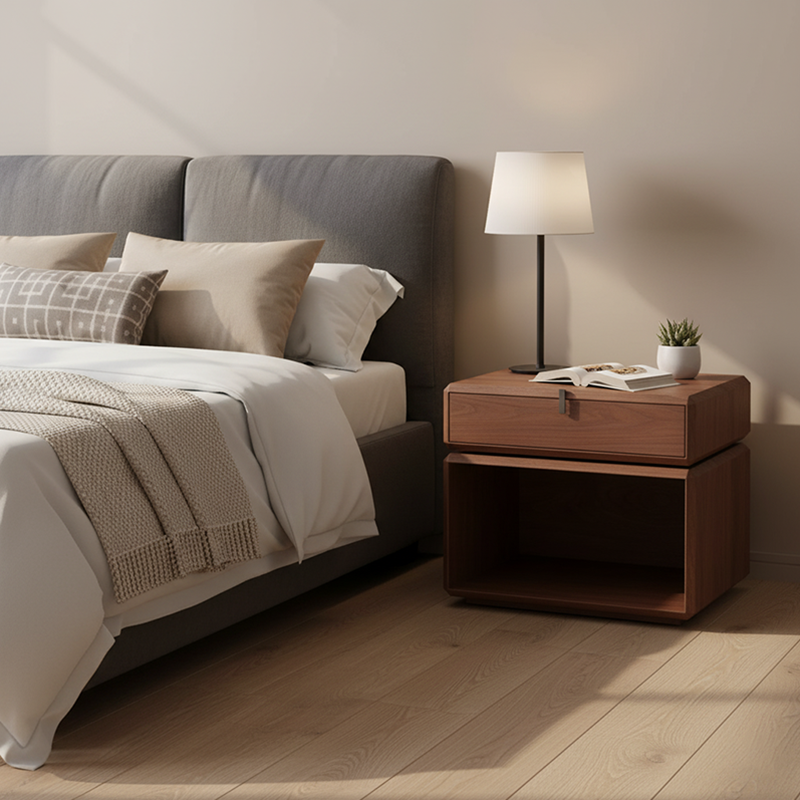 Retro Rotatable Wood Nightstand - Rotatable Top & Classified Storage Layout Bedside Table 1-Drawer For Bedroom Lumendat