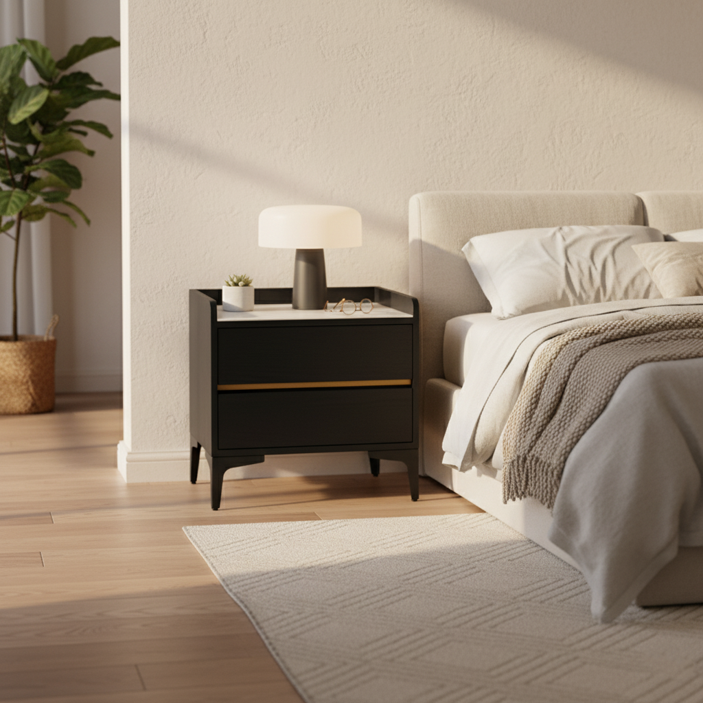 Easy-Clean Scandinavian Bedside Table - Eco-Friendly Wood Veneer & Smooth 2-Drawer Nightstand For Bedroom Lumendat