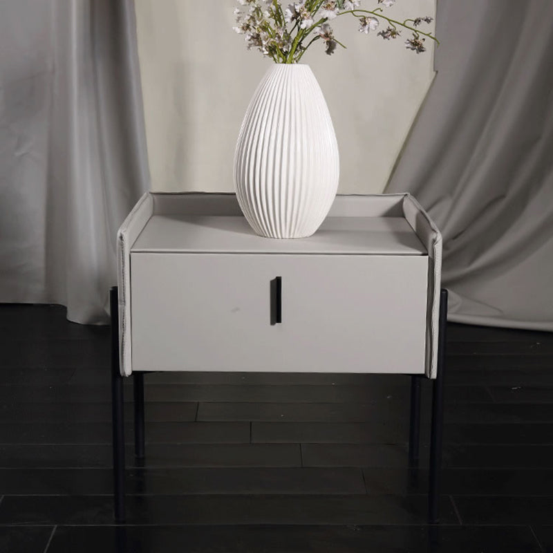 Modern Minimalist Veneered Plywood Nightstand - Matte Black Frame 1-Drawer Bedside Table For Bedroom Lumendat