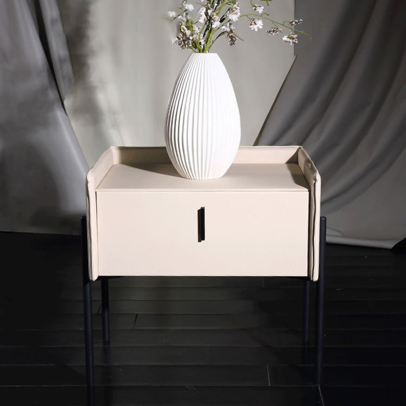 Modern Minimalist Veneered Plywood Nightstand - Matte Black Frame 1-Drawer Bedside Table For Bedroom Lumendat