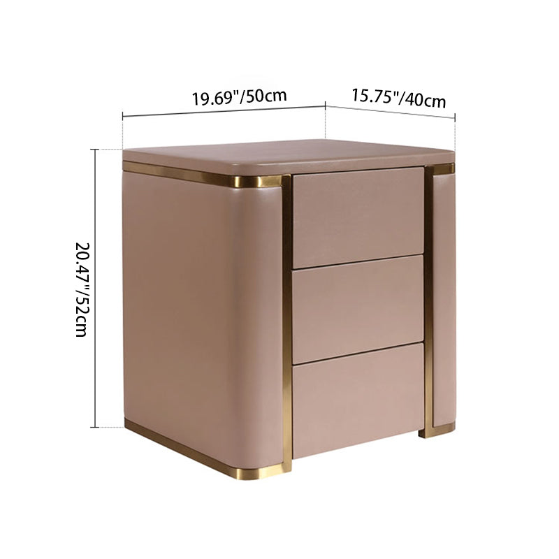 Modern Luxury Faux Leather Gold Metal Trim Nightstand - 3 Drawer Bedside Table For Bedroom Lumendat