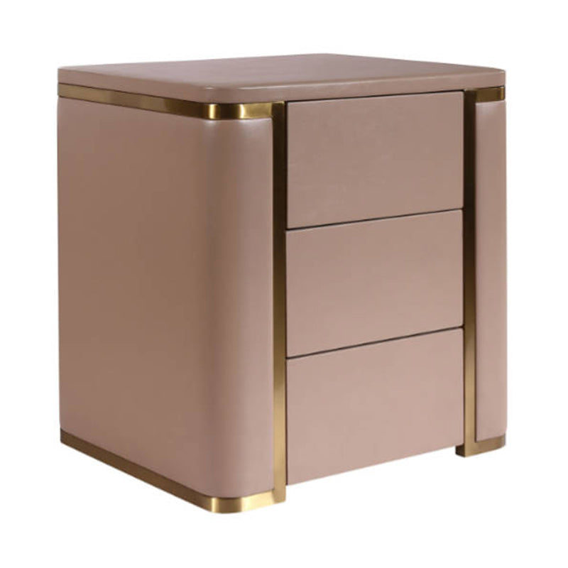 Modern Luxury Faux Leather Gold Metal Trim Nightstand - 3 Drawer Bedside Table For Bedroom Lumendat