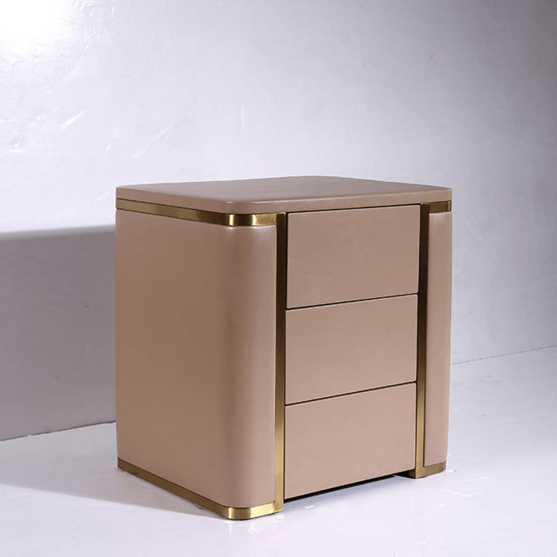 Modern Luxury Faux Leather Gold Metal Trim Nightstand - 3 Drawer Bedside Table For Bedroom Lumendat