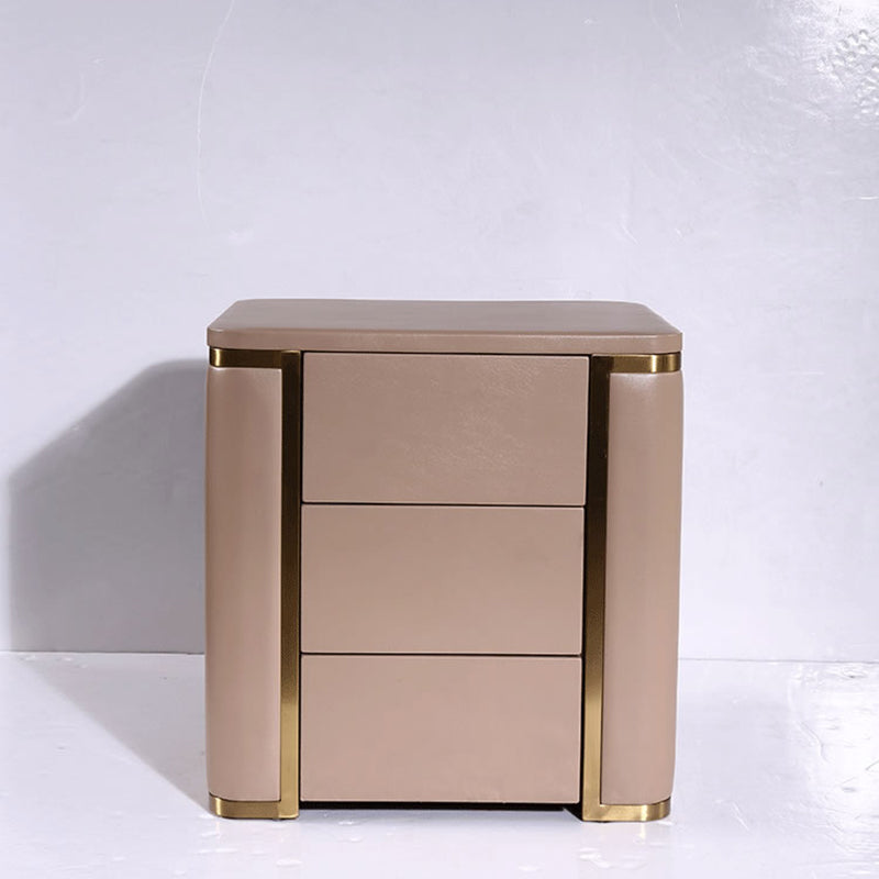 Modern Luxury Faux Leather Gold Metal Trim Nightstand - 3 Drawer Bedside Table For Bedroom Lumendat