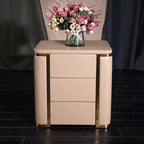 Modern Luxury Faux Leather Gold Metal Trim Nightstand - 3 Drawer Bedside Table For Bedroom Lumendat