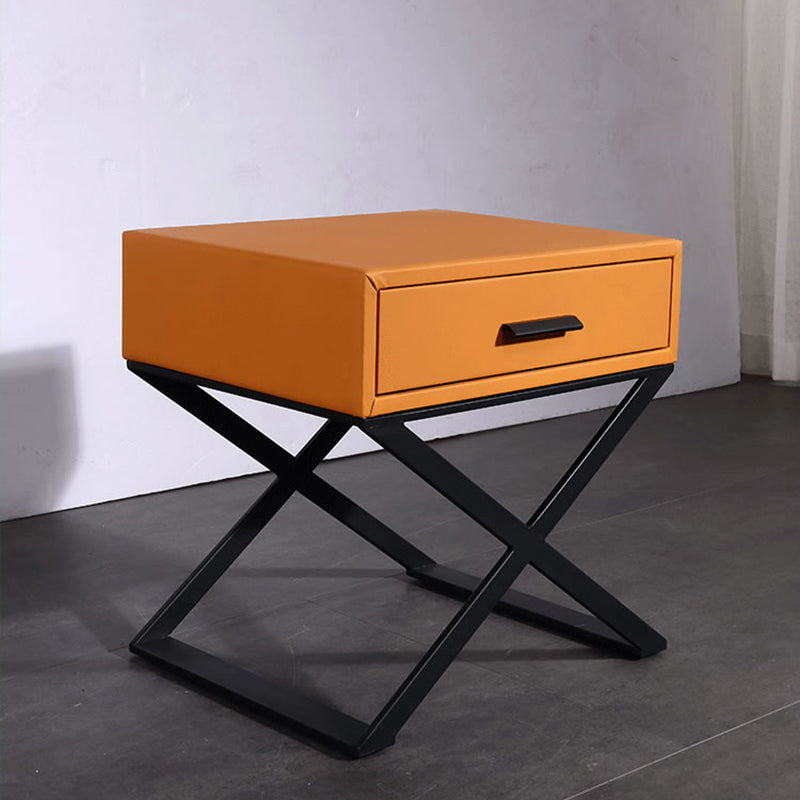 Contemporary Industrial X-Shaped Bedside Table - Veneered Plywood 1-Drawer Nightstand For Bedroom Lumendat