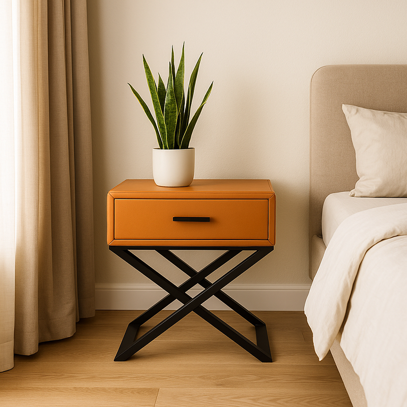Contemporary Industrial X-Shaped Bedside Table - Veneered Plywood 1-Drawer Nightstand For Bedroom Lumendat