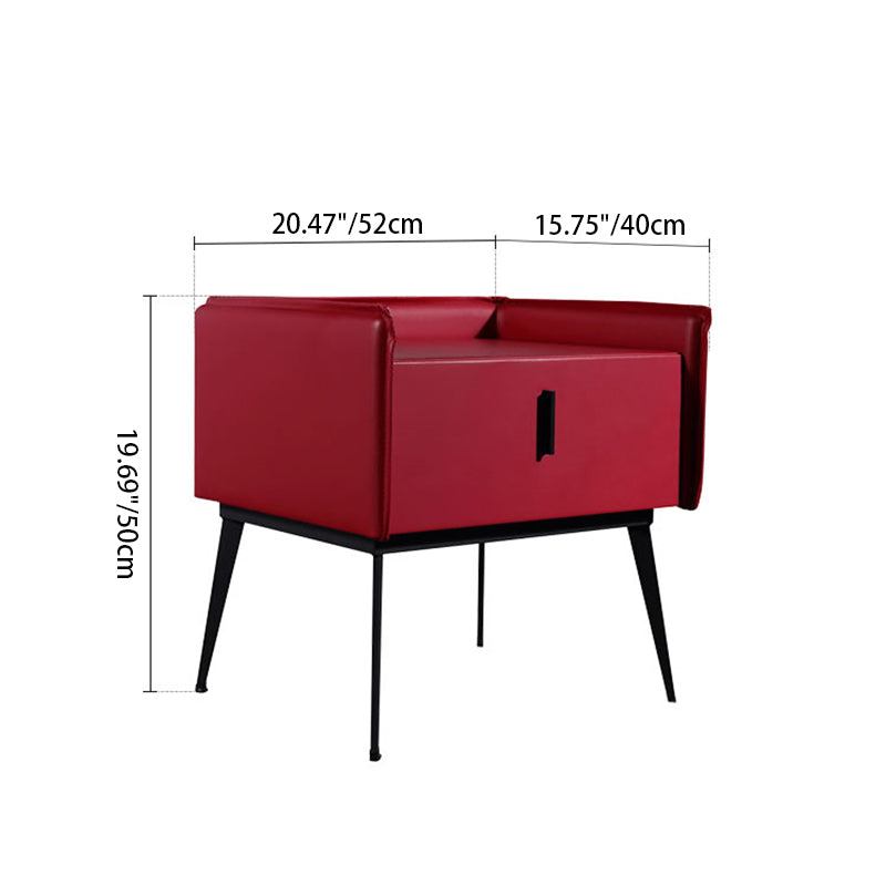 Contemporary Scandinavian Red Faux Leather Nightstand - Square 1-Drawer Bedside Table For Bedroom Lumendat