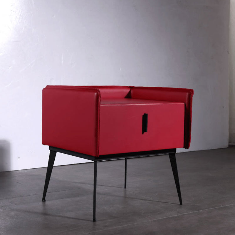 Contemporary Scandinavian Red Faux Leather Nightstand - Square 1-Drawer Bedside Table For Bedroom Lumendat