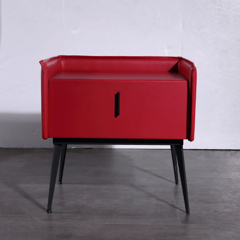 Contemporary Scandinavian Red Faux Leather Nightstand - Square 1-Drawer Bedside Table For Bedroom Lumendat