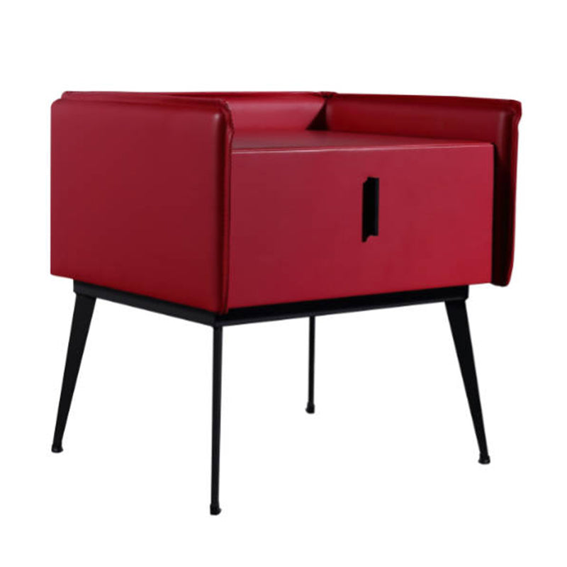 Contemporary Scandinavian Red Faux Leather Nightstand - Square 1-Drawer Bedside Table For Bedroom Lumendat