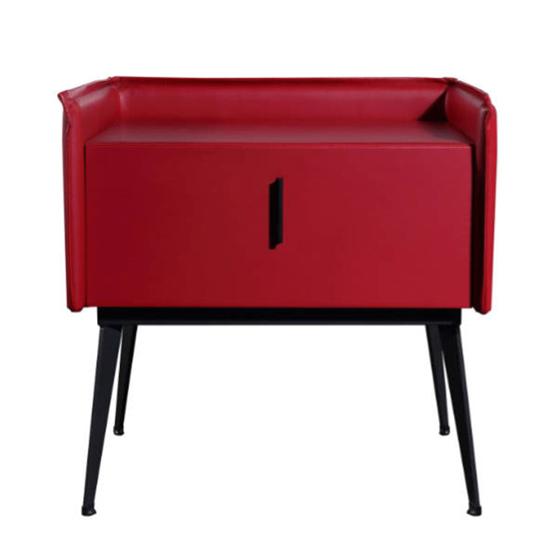 Contemporary Scandinavian Red Faux Leather Nightstand - Square 1-Drawer Bedside Table For Bedroom Lumendat