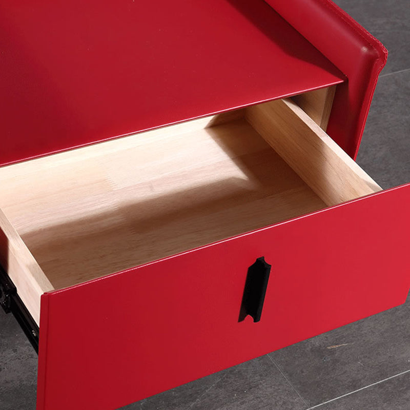 Contemporary Scandinavian Red Faux Leather Nightstand - Square 1-Drawer Bedside Table For Bedroom Lumendat