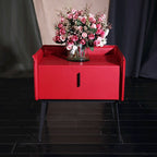 Contemporary Scandinavian Red Faux Leather Nightstand - Square 1-Drawer Bedside Table For Bedroom Lumendat