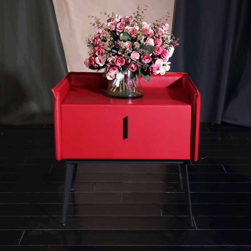 Contemporary Scandinavian Red Faux Leather Nightstand - Square 1-Drawer Bedside Table For Bedroom Lumendat